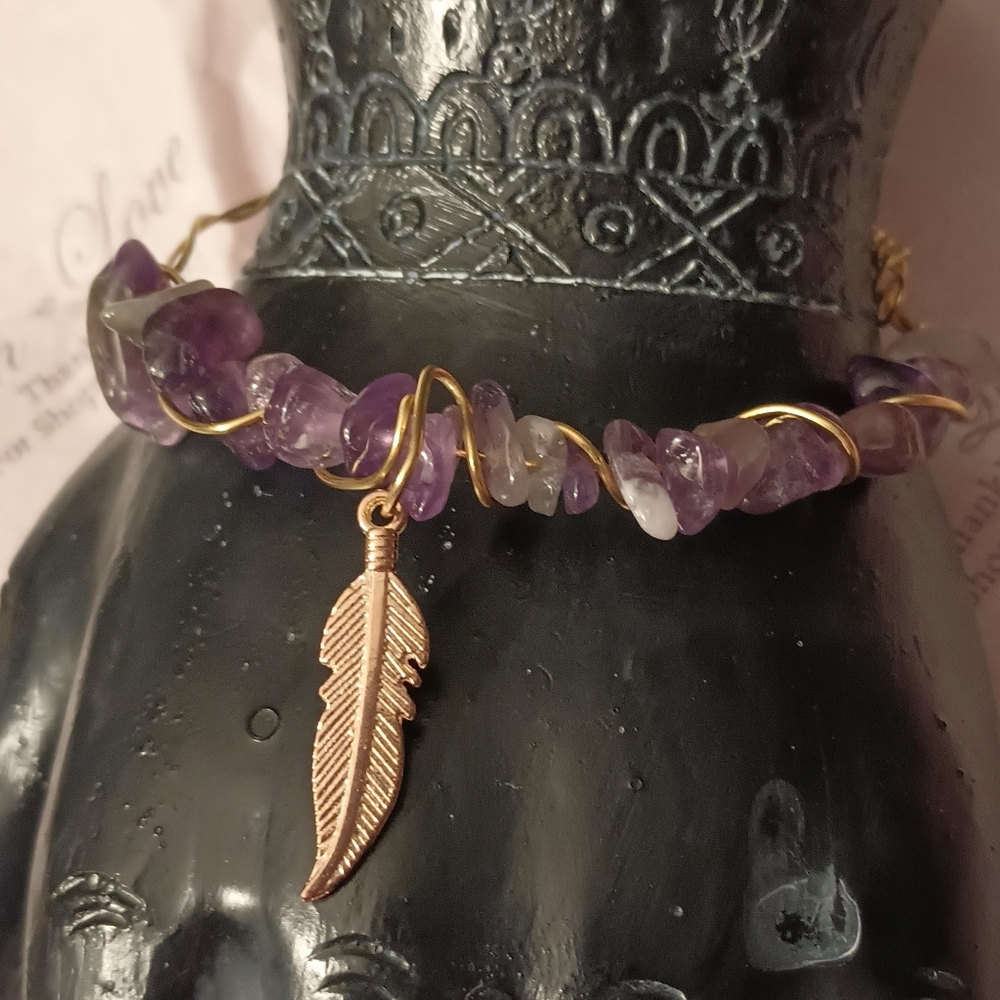 Amethyst Wire Wrap Bracelet With A Feather Charm